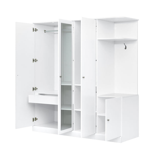 English Elm 4-Door Wardrobe with Full-Length Mirror, Dust-Proof Compartments, Shoe Door & Anti-Tip Safety Features White N820S00056K