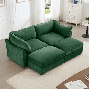 English Elm 2 Seater Sofa With Movable Ottomans & Hidden Storage Drawers, Elegant Chenille Green Design W3041S00184