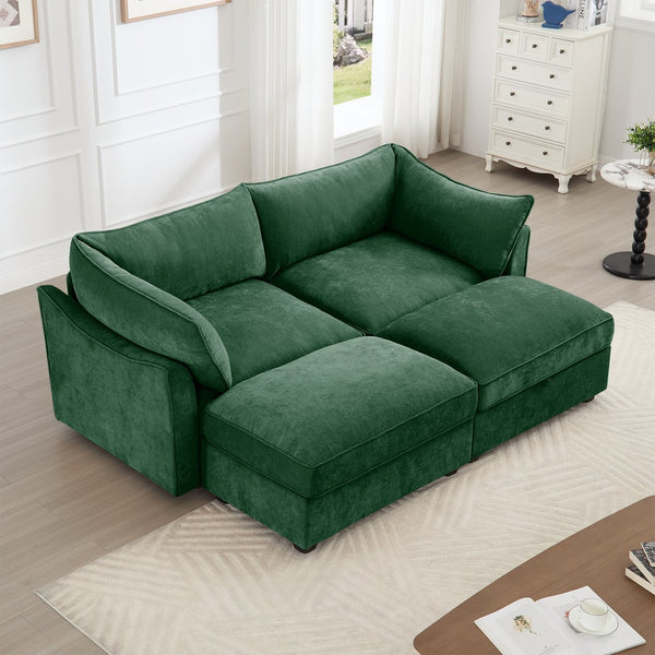 English Elm 2 Seater Sofa With Movable Ottomans & Hidden Storage Drawers, Elegant Chenille Green Design W3041S00184