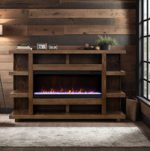 English Elm Laurel Laurel Canyon 72" Fireplace Mantel with 42" Electric Insert, Oak Craftsmanship & Cable Management Brown B108P292283