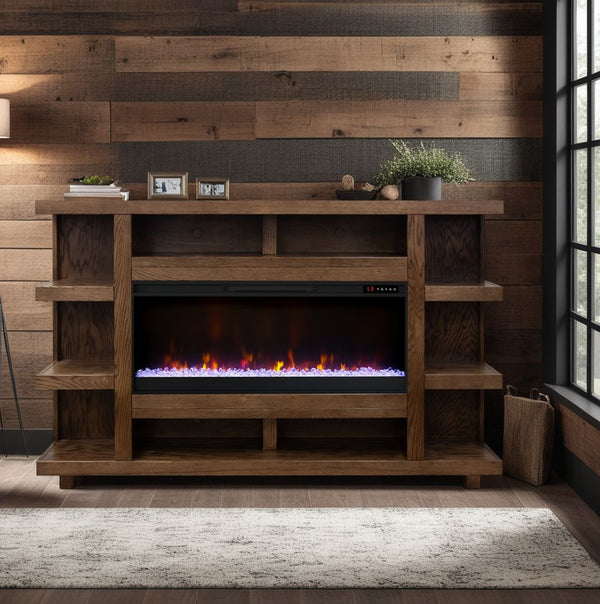 English Elm Laurel Laurel Canyon 72" Fireplace Mantel with 42" Electric Insert, Oak Craftsmanship & Cable Management Brown B108P292283