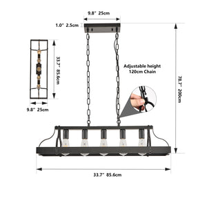 English Elm 34-Inch Industrial Pendant Light with 5 E26 Sockets, Adjustable Chain, Iron Linear Chandelier for Kitchen Matte Black W2312P374832