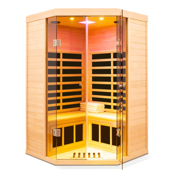 English Elm Hemlock Wood Corner Sauna with Far Infrared Panels for Deep Heat Therapy W1787P324695