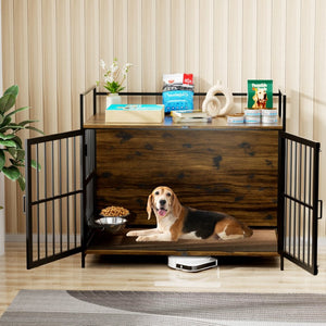 English Elm Dog Kennel Furniture Console with Rotating Feeder Bowls Steel Frame Brown Finish W3190P350230