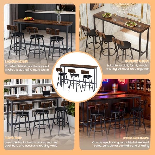 English Elm Bar Table Set with 3 Pu Leather Stools Industrial Steel Frame Rustic Dining Nook W3204P428249