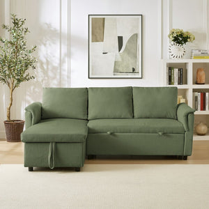 English Elm Loveseat Sectional Sleeper Sofa with Corduroy Tufted Upholstery Storage Chaise Reclining Green W2186S00014