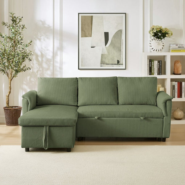 English Elm Loveseat Sectional Sleeper Sofa with Corduroy Tufted Upholstery Storage Chaise Reclining Green W2186S00014