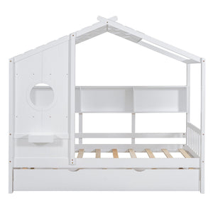 English Elm Wooden Twin House Bed with Trundle and 3 Back Shelves, Pine Frame Playful Loft Design for Kids White 41.7 L x 16.25 W x 6 H N733S316110K