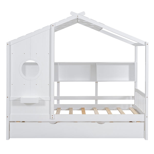 English Elm Wooden Twin House Bed with Trundle and 3 Back Shelves, Pine Frame Playful Loft Design for Kids White 41.7 L x 16.25 W x 6 H N733S316110K