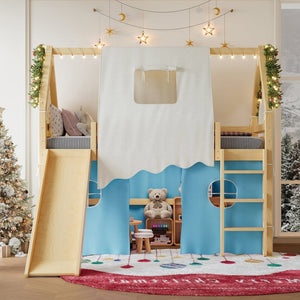 English Elm Twin Pine Loft Bed with House Frame Tent Led Lights Slide and Floor Space Below W1580S00290