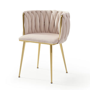 English Elm Modern Velvet Dining Chairs Set of 2 with Woven Backrest and Gold Metal Legs, Elegant Arc Design for Home Beige W1117P209795