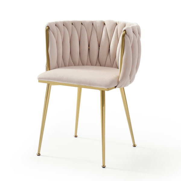 English Elm Modern Velvet Dining Chairs Set of 2 with Woven Backrest and Gold Metal Legs, Elegant Arc Design for Home Beige W1117P209795