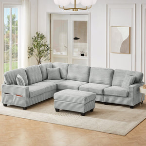 English Elm Sectional U-Shaped Sofa With Movable Ottoman & Side Storage Pockets - Stylish Comfort For Living Rooms N719S002080E-GIGA