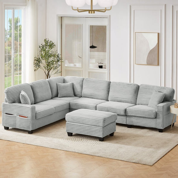 English Elm Sectional U-Shaped Sofa With Movable Ottoman & Side Storage Pockets - Stylish Comfort For Living Rooms N719S002080E-GIGA