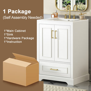 English Elm 24"Bathroom Modern Vanity with Ceramic Sink, Solid Wood Frame, Soft-Close Doors & Smart Storage System White N729P321378K
