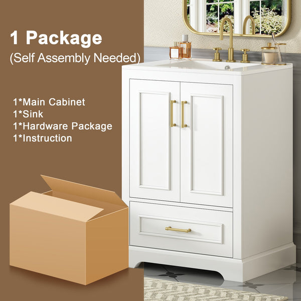 English Elm 24"Bathroom Modern Vanity with Ceramic Sink, Solid Wood Frame, Soft-Close Doors & Smart Storage System White N729P321378K
