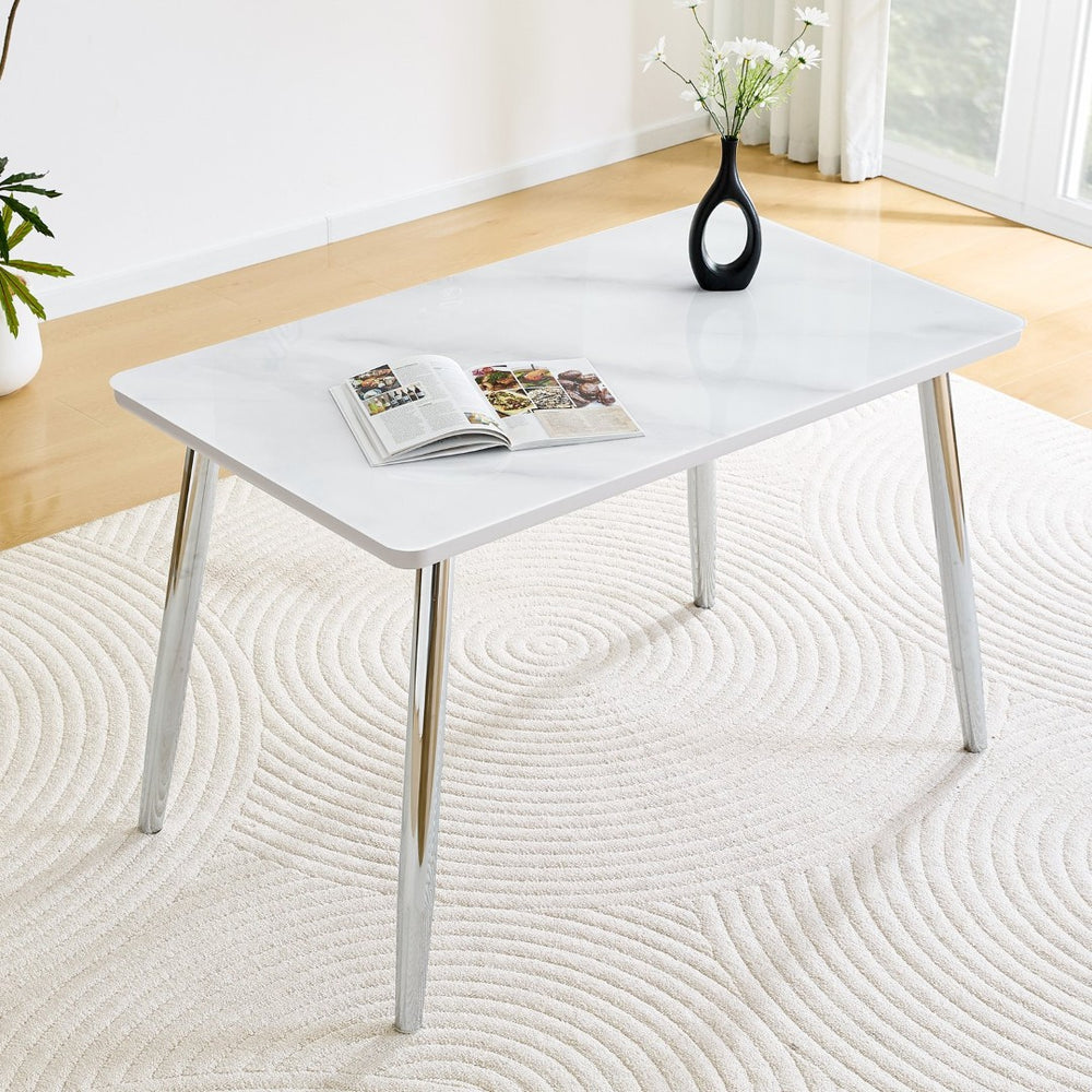 English Elm Modern Marble Look Glass Top Rectangular Dining Table Seats Six Silver Tapered Legs W1151S04623