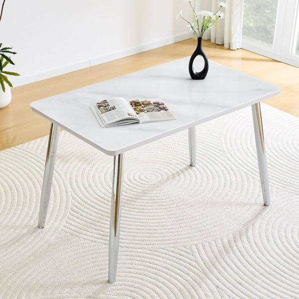 English Elm Modern Marble Look Glass Top Rectangular Dining Table Seats Six Silver Tapered Legs W1151S04623