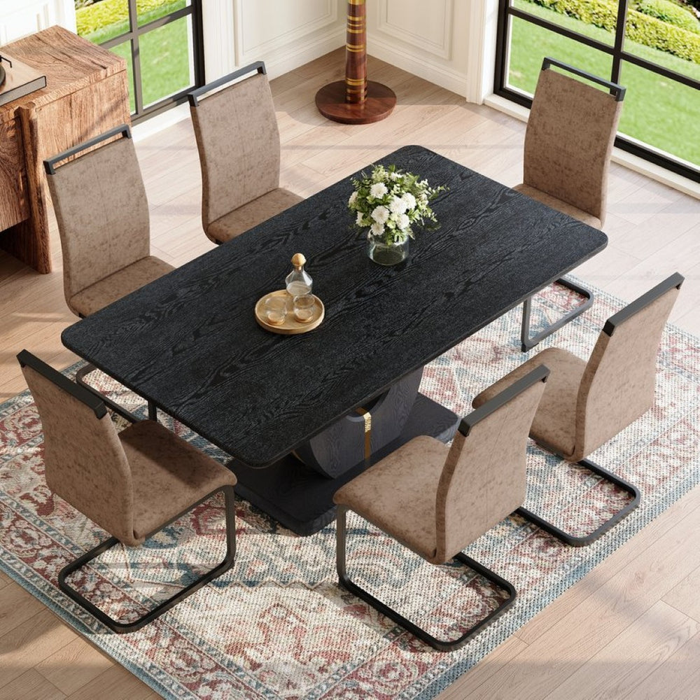 English Elm Table and Chair Set Seats 10 with Marble Mdf Top Brown Fabric Dining Chairs W1151S04444