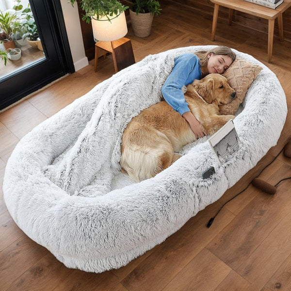English Elm Human Plush Faux Fur Dog Bed 71"x45"x14" Gray — Washable Orthopedic Napping Lounger for Two W3101P314614