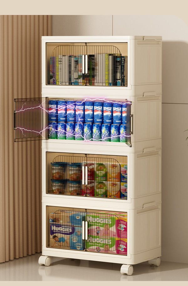 English Elm 19.69" Versatile 4-Tier Folding Storage Cabinet With Wheels, Magnetic Door & Collapsible Bins For Home W2873P207556