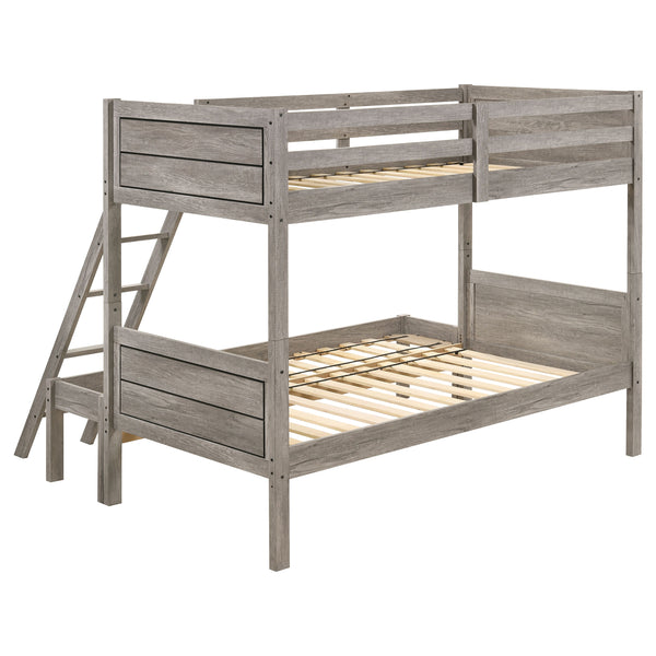 English Elm Brenton Twin-Over-Twin Bunk Bed with Ladder and Slatted Rails, Solid Rubberwood Farmhouse Style Retreat Brown B062S01006