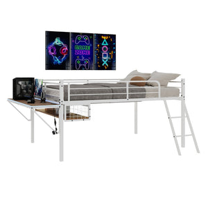 English Elm Full Size Steel Loft Bed with Integrated Desk Led Lighting and Under Bed Storage White W1935P463341