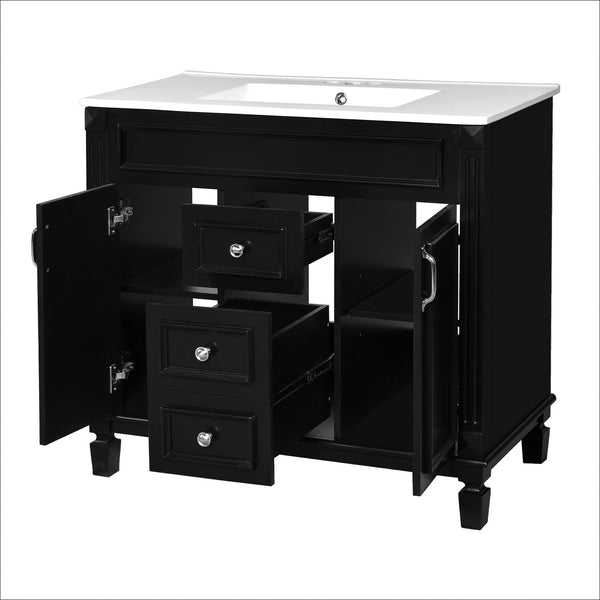 English Elm 36'' Modern Bathroom Vanity With Black Ceramic Top, Soft Closing Doors & Drawers For Stylish Storage N710P230231B