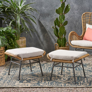 English Elm Christopher Knight Home® - Montana Light Brown Faux Rattan Outdoor Ottoman Set of 2 with Water-Resistant Cushions, Steel Frame Durable Elegance 65045.00LBRN