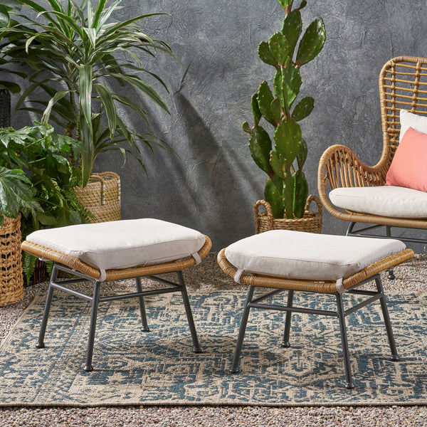 English Elm Christopher Knight Home® - Montana Light Brown Faux Rattan Outdoor Ottoman Set of 2 with Water-Resistant Cushions, Steel Frame Durable Elegance 65045.00LBRN