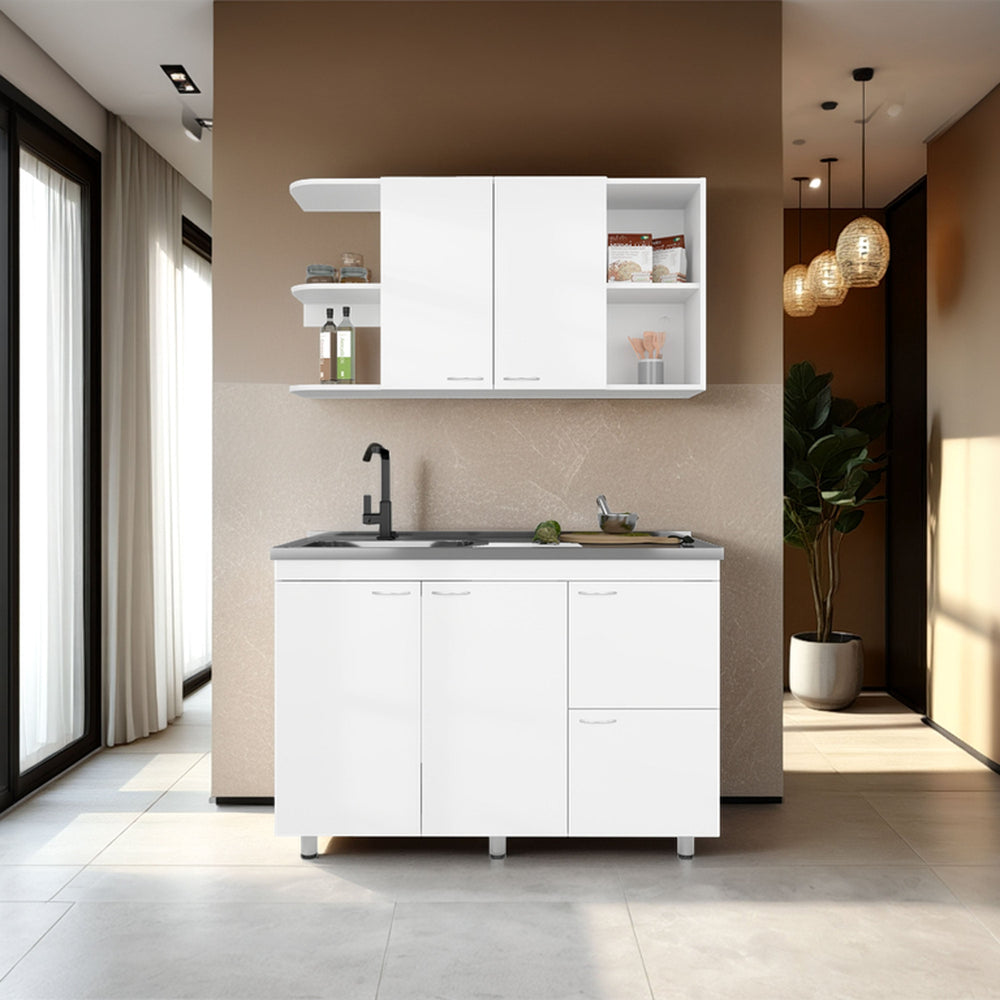 English Elm White Multifunctional Kitchen Cabinet Set—Modern Melamine Storage with Drawers, Shelves & Sleek Design B062S01383