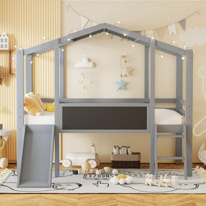 English Elm Twin House Loft Bed with Slide Chalkboard Panel and Led Roofline for Kids Gray WF324323AAE