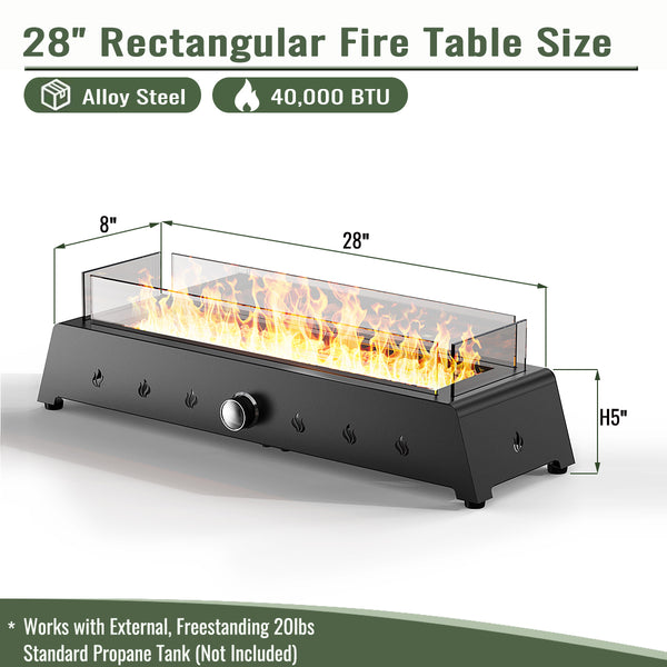 English Elm 28" Portable Fire Pit 50,000 BTU Propane Tabletop with Glass Wind Guard Lava Rocks Steel Burner W853P143553