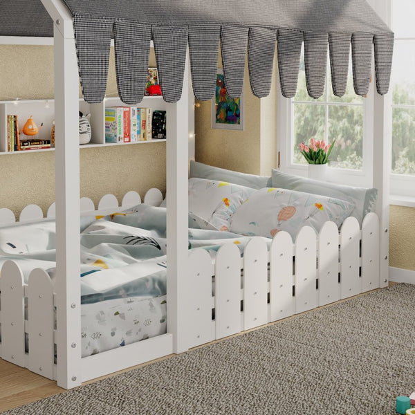 English Elm {slats Are Not Included} Twin Montessori House Floor Bed Kids Tent Lights Shelves Pinewood Frame White N708P407963K