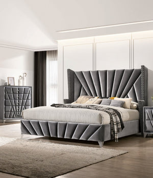 English Elm Bedroom Wooden Queen Bed with High Panel Headboard, Gold Trim Accent, Modern Luxury Design Gray 69.5 L x 26 W x 5 H B2741S00108