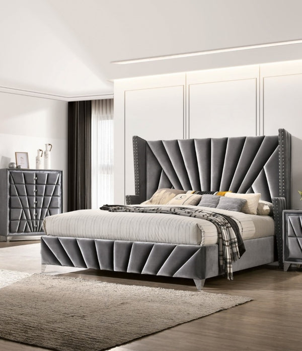 English Elm Bedroom Wooden Queen Bed with High Panel Headboard, Gold Trim Accent, Modern Luxury Design Gray 69.5 L x 26 W x 5 H B2741S00108