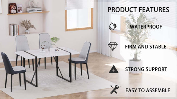 English Elm 55 Modern 4-Person MDF Dining Table Set with Sturdy Black Metal Legs and Padded PU Chairs for Families Blue,White W2189S00730