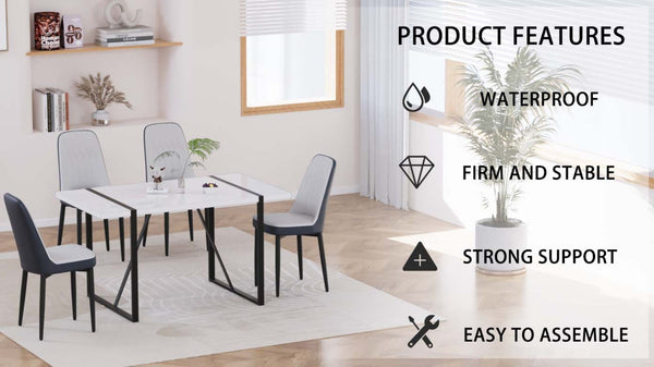 English Elm 55 Inch Industrial Dining Set White Mdf Table Matte Black Legs Four Padded Pu Chairs Blue,White W2189S00854