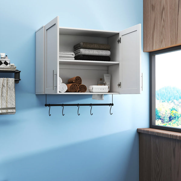 English Elm Bathroom Wall Cabinet with Adjustable Shelf, Towel Bar, 5 Hooks, Space-Saving Over-Toilet Storage, White W331P281277