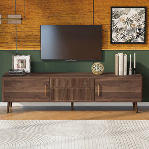 English Elm Mid Century TV Stand Walnut Finish with 2 Drawers, Cable Management, Solid Wood Legs, 80'' Safe Storage and Style N710P222772P