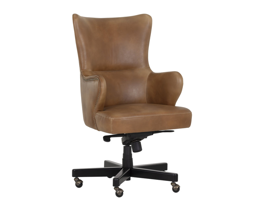 Sunpan Hubert Regal Office Chair - Wingback Design in Tobacco Tan Faux Leather with Black Birch Base