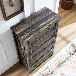 English Elm Farmhouse Tall Five Drawer Chest Rustic Oak Barn Door Style Organizer for Bedroom W2393P197394