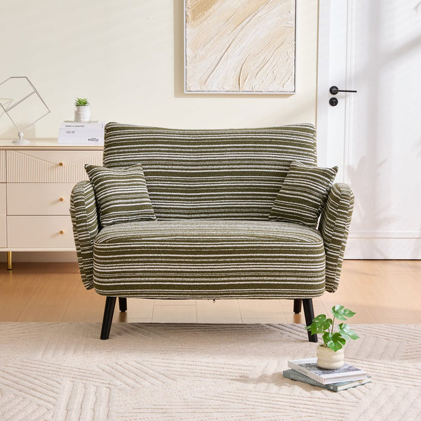 English Elm Modern tufted two-seater sofa with boucle upholstery, tapered legs, storage pockets, cozy compact design Olive Green W395P376589