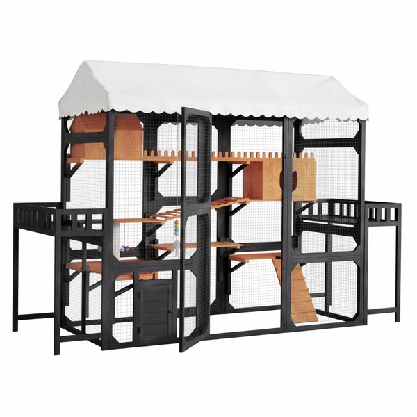 English Elm Large Pine Wood Catio Outdoor Cat Enclosure with Wire Mesh and Dual Plant Stands Black N704G201617B