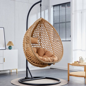 English Elm 76.8-inch Hand Woven Rattan Egg Swing Chair Indoor Outdoor with Cushion Lumbar Pillow Yellow W1512P498594