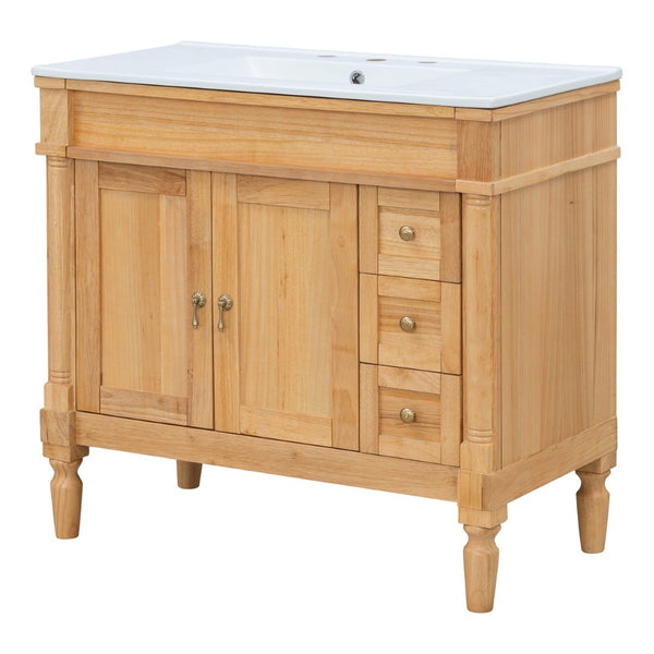English Elm 36" Freestanding Bathroom Vanity Solid Wood Cabinet with Ceramic Sink and Soft Close Storage N729P300165N