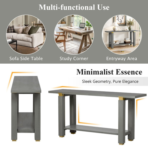 English Elm U_Style 62.9" Modern Minimalist Console Table - Solid Wood Entryway Table With Metal Accents & Shelf N711P289140E-GIGA