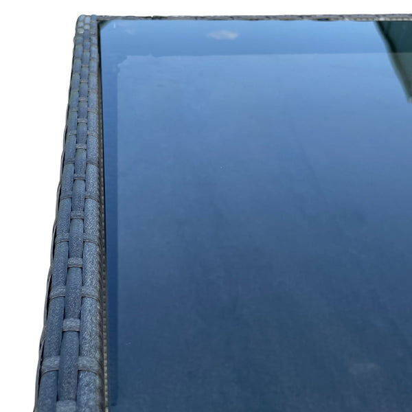 English Elm 9 Piece Outdoor Wicker Dining Set - Grey PE Rattan, Tempered Glass Table, Black Cushions, Rust‑Free Frame W329S00052