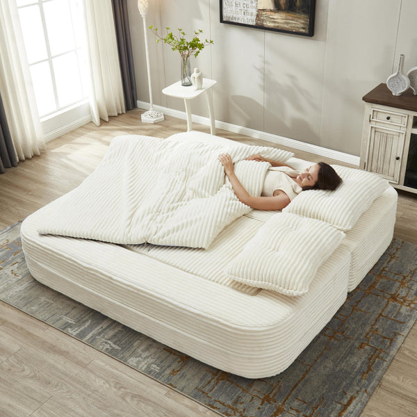 English Elm Multi Functional Sectional Sofa Bed Plush Corduroy Convertible 80" King Sleeper with Chaise, Deep Fluff Beige W3219P339464