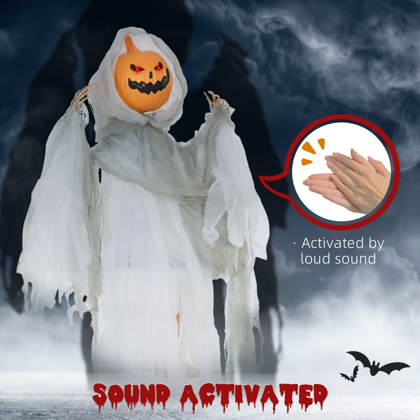 English Elm Homcom Hanging Pumpkin Ghost Halloween Prop with Glowing Eyes and Howling Sound Sensor W2225P229717